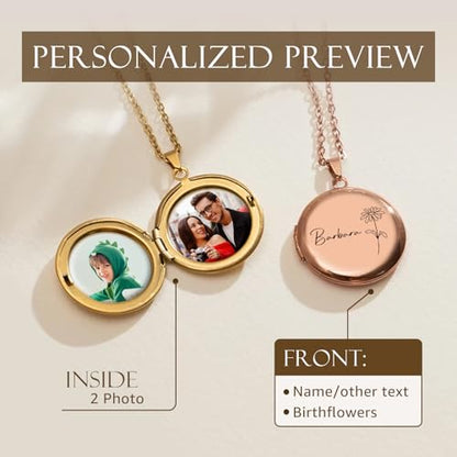 Personalized Heart Locket Necklace Customize Photo 925 Sterling Silver Picture Locket Necklace for Women Girls kids Engraved Birth Flower and Text Birthday Christmas Gifts for Women Girls Kids - color: Circle Rose Gold