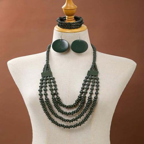 Colorful Ethnic Wooden Earrings Round Statement Dangle Earrings Multilayered Geometric Beaded Bracelet Necklace Set for Women Exaggerated Tribal Jewelry - color: Dark Green