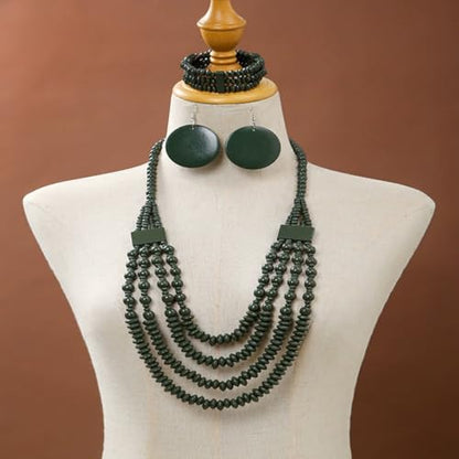Colorful Ethnic Wooden Earrings Round Statement Dangle Earrings Multilayered Geometric Beaded Bracelet Necklace Set for Women Exaggerated Tribal Jewelry - color: Dark Green