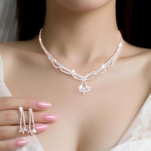 Women's Fashion Jewelry Rhinestone Zircon Necklace and Earring Set Formal Ball Gown Accessories Silver Floral Pendant Bridal Wedding Jewelry Suitable for Weddings, Balls, Banquets, and All Special Occasions - style: GST002
