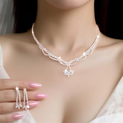 Women's Fashion Jewelry Rhinestone Zircon Necklace and Earring Set Formal Ball Gown Accessories Silver Floral Pendant Bridal Wedding Jewelry Suitable for Weddings, Balls, Banquets, and All Special Occasions - style: GST002