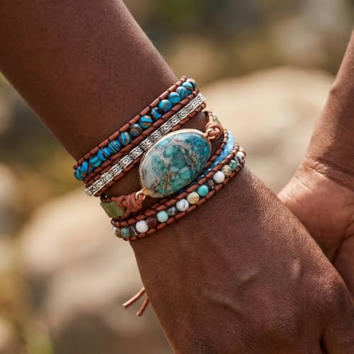 YGLINE Boho Handmade Natural Stone Wrap Bracelets Jasper Crystal Beads Bracelet Jewelry - color: green