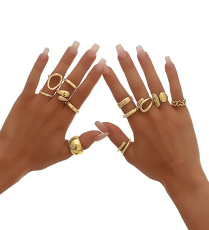 12Pcs Gold Chunky Rings 18K Gold Plated Stackable Open Knuckle Ring Set Hollow Heart Twist Croissant Dome Band Statement Finger Rings for Women Gold Silver Tone Adjustable - color: A-Gold