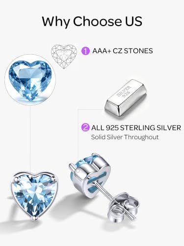 ChicSilver 925 Sterling Silver Earrings Sparkling Heart/Round/Princess Cut Birthstone Earrings for Women Birthday Jewelry with Gift Box - style: B.March(Aquamarine)-Heart Cut
