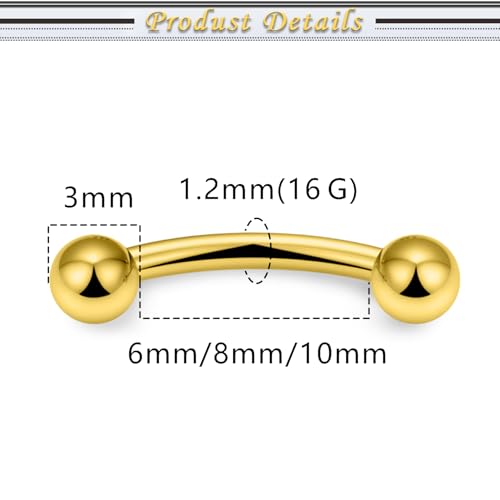 Internally Threaded Eyebrow Piercing Jewelry Surgical Steel Tiny Eyebrow Rings Vertical Labret Lip Jewelry Small Ear Rook Earring for Women Men 18g 16g 14g Plus Piercing Ball Grabber Tool - color: goldtone, size: 16g,ball end