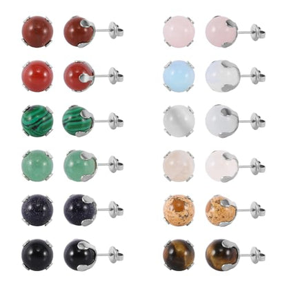 12 Pairs Multi Natural Gemstone Round Bead Ball Stud Earrings Stainless Steel Opal Tiger Eye Rose Quartz Onyx Stone Stud Earrings Set for Women - color: Silver 8mm