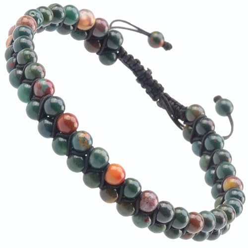 MASSIVE BEADS Double Layer Natural Chakra Healing Power Crystals Macrame Bracelet Yoga Stone Beads Gemstone Meditation Relax Anxiety Bangle for Unisex Women Men - color: Bloodstone, size: 4mm