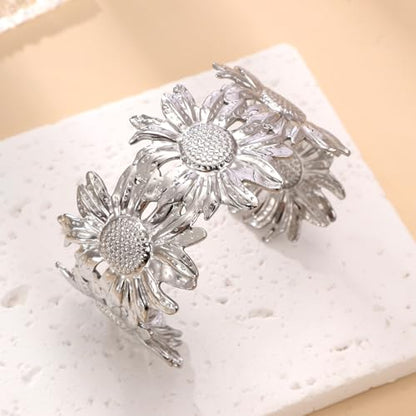 YWMAN Silver Flower Cuff Bracelet, Metallic Floral Chunky Bracelet for Women - color: Flower 3
