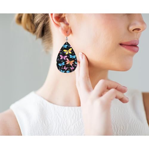 Dragonfly Leather Teardrop Hook Earrings Colorful Butterflies And Dragonflies Elegant Earrings For Women Friends Dangle Earrings - color: Dragonfly