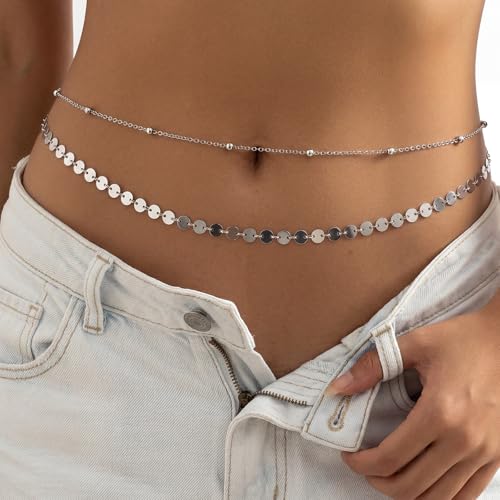 2 Pcs Gold Silver Waist Chain for Women, Layered Belly Chains, Adjustable Beaded & Sequin Waist Beads Body Chain Belt, Dainty Summer Beach Jewelry for Bikini Party Rave Outfits Gift - color: Silver