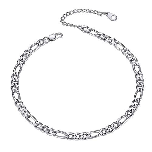 Adjustbale Link Chain Anklet for Women Summer Jewelry, 316L Stainless Steel Figaro/Wheat/Twist Rope/Cuban Foot Bracelet-Waterproof, Resizable 9"-12" (Gift Box Included) - color: 3, Figaro - Stainless Steel