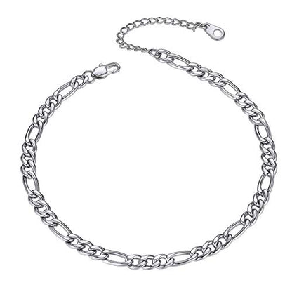 Adjustbale Link Chain Anklet for Women Summer Jewelry, 316L Stainless Steel Figaro/Wheat/Twist Rope/Cuban Foot Bracelet-Waterproof, Resizable 9"-12" (Gift Box Included) - color: 3, Figaro - Stainless Steel