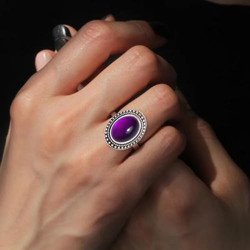 Natural Oval Stone Boho Ring,Retro Antique S925 Sterling Silver Crystal Quartz Gemstone Bohemian Statement Handmade Ring Jewelry for Women Her - color: B02_Uruguay Amethyst