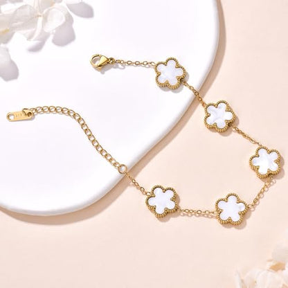 FLY FEI 18K Gold-Plated Four Leaf Clover Bracelet for Women,Adjustable lucky Bracelet Set Jewelry Gift-Hypoallergenic Charm for Birthdays, Wellness & Daily Wear - color: style01-White