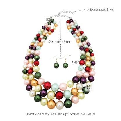 Simulated Pearl Necklace & Earring Set, Multi Strand - color: Bright Mix
