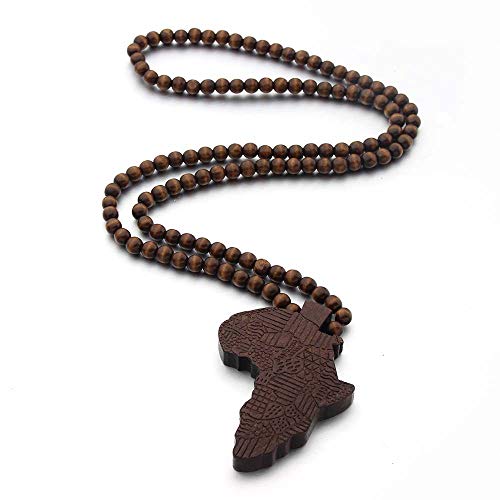 COLORFUL BLING Multicolor 8MM Wooden Bead Chain African Hip-hop Africa Map Pendant Necklace for Men Boys Natural Wood Jewelry - color: style2 brown