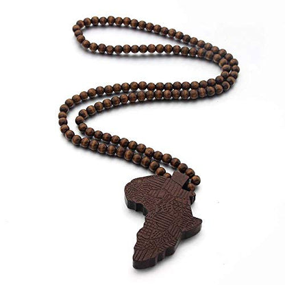 COLORFUL BLING Multicolor 8MM Wooden Bead Chain African Hip-hop Africa Map Pendant Necklace for Men Boys Natural Wood Jewelry - color: style2 brown