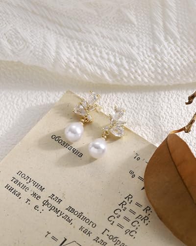 Pearl Earrings for Women, 14k Gold Plated Trendy Diamond Pearl Drop Earrings Bridal Shower Gifts Wedding jewelry for Women - color: Style J Gold