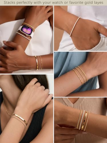 Dainty Gold Bracelet for Women Trendy Non Tarnish, Thin Bracelets Stackable Set with Bangle Cuff, Box, Herringbone, Paperclip, Figaro, Sparkling Link Chains Waterproof, Simple Jewelry Gifts for Women - color: Gold-tennis/cuban/bangle/paperclip/Beaded