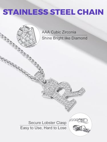 Richsteel Silver Crown Initial A-Z Letter Pendant Necklace for Men Women | Cubic Zirconia Monogram, 316L Steel Chain, 22" + 2" Extender,Hypoallergenic,Gift Box, Hip Hop Jewelry - style: R