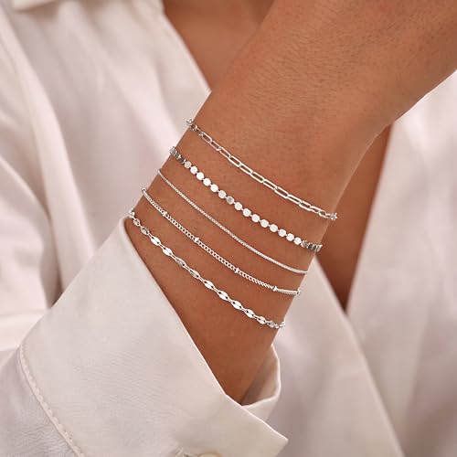 5Pcs Thin Silver Plated Bracelets Sets for Women Dainty | Silver Jewelry Trendy Stackable Rope Snake Box Figaro Chain Bracelets Pack Costume Fashion Gifts - style: 5Pcs BRACELET SET-01