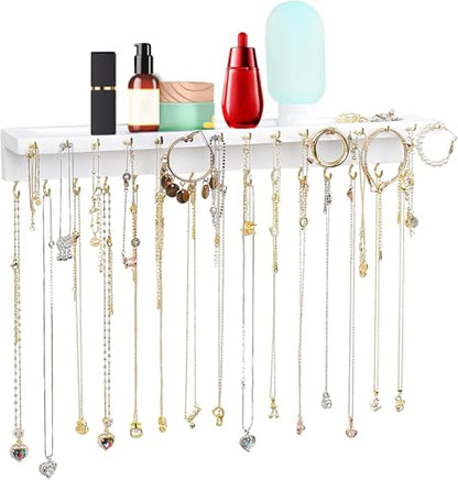 YYILIS Necklace Holder, Upgraded Extra Large Wall Necklace Organizer | 30 Hooks Wall Mounted Necklace Hanger with Jewelry Tray / Cosmetics Shelf Rustic Pine Wood Holder (White) - color: White