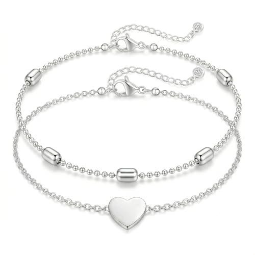 Dainty Anklets for Women, 14K Gold Plated & Sterling Silver Plated Ankle Bracelets, Adjustable, Waterproof & Hypoallergenic Summer Beach Foot Jewelry in Assorted Styles - style: 2 anklets heart silver