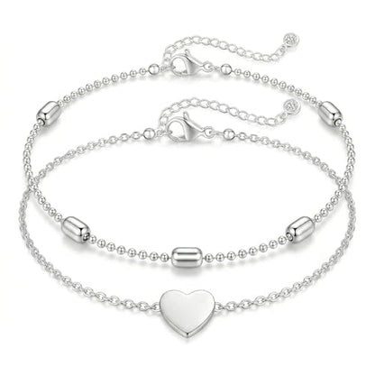 Dainty Anklets for Women, 14K Gold Plated & Sterling Silver Plated Ankle Bracelets, Adjustable, Waterproof & Hypoallergenic Summer Beach Foot Jewelry in Assorted Styles - style: 2 anklets heart silver