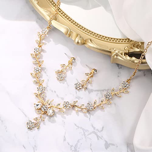 Women's Wedding Jewelry Set for Bride,Prom Bridal Accessories | Bling Crystal,Flower Leaf Cluster,Dangle Earrings Pendant Necklace Set,for Bridesmaid,Party Jewellery - color: 17-Clear Gold-Plated-Base