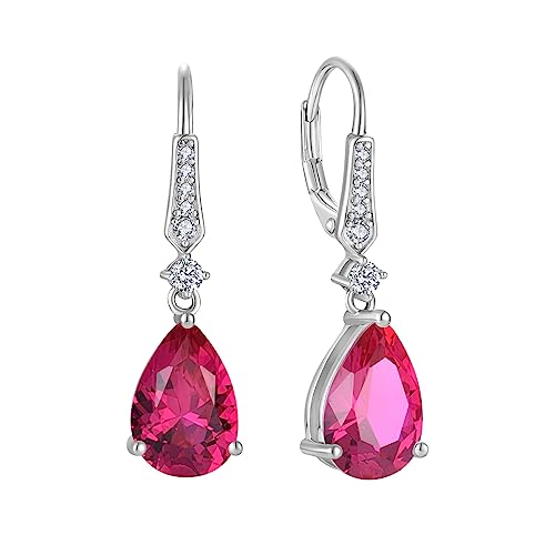 Women 925 Sterling Silver Birthstone Teardrop Leverback Drop Dangle Earrings 8 * 12mm 5A Cubic Zirconia Jewelry for Her - color: July,Ruby Color