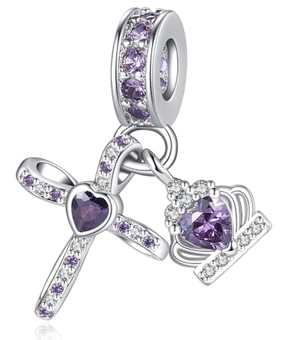 Silver Cross Birthstones Charm Fit for Pandora Charms Bracelet Crown Dangle Charms Beads Birthday Jewelry Gifts for Women - style: February
