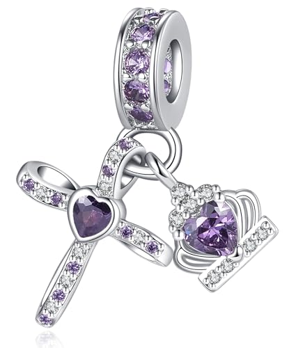 Silver Cross Birthstones Charm Fit for Pandora Charms Bracelet Crown Dangle Charms Beads Birthday Jewelry Gifts for Women - style: February