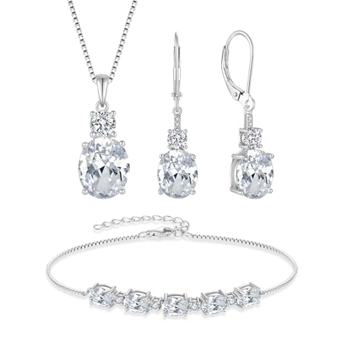 Cubic Zirconia Jewelry Set for Women 925 Sterling Silver Oval Cut Necklace Earrings Bracelet April Birthstone Jewelry for Her