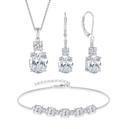 Cubic Zirconia Jewelry Set for Women 925 Sterling Silver Oval Cut Necklace Earrings Bracelet April Birthstone Jewelry for Her