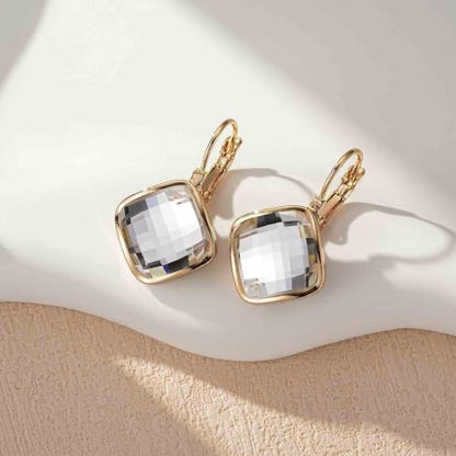 Austrian Crystal Square Leverback Drop Earrings for Women | Classic Square-Cut Crystal,14K Gold-Plated,Leverback for Easy Secure Wear,Gift Box Included,For Day and Evening Events - color: Clear White
