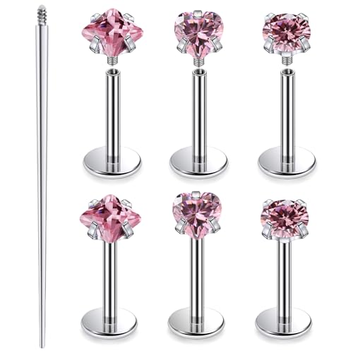 20G 18G 16G Astm F136 Titanium Internal Thread Flat Back Earrings Nose Studs Tragus Helix Conch Cartilage Lobe Earrings Medusa Labret Snake Bite Monroe Lip Ring Piercing Jewelry For Women Men - color: Pink, size: 16G-8MM Bar-CZ 3MM