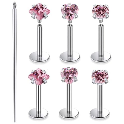 20G 18G 16G Astm F136 Titanium Internal Thread Flat Back Earrings Nose Studs Tragus Helix Conch Cartilage Lobe Earrings Medusa Labret Snake Bite Monroe Lip Ring Piercing Jewelry For Women Men - color: Pink, size: 20G-10MM Bar-CZ 3MM