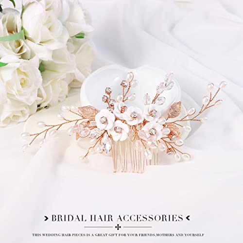 Unicra Flower Bride Wedding Hair Comb Leaf Rose Gold Bridal Headpiece Pearl Hair Accessories Crystal Hair Piece Jewelry for Women (C Rose Gold) - color: C Rose Gold