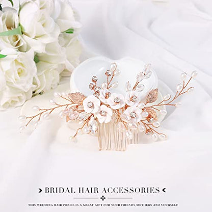 Unicra Flower Bride Wedding Hair Comb Leaf Rose Gold Bridal Headpiece Pearl Hair Accessories Crystal Hair Piece Jewelry for Women (C Rose Gold) - color: C Rose Gold