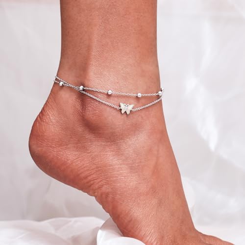 CHIC & ARTSY 925 Sterling Silver Ankle Bracelets for Women, Adjustable Layered Foot Chains with Nature & Symbol Charms, Lightweight Comfort Fit Boho Beach Everyday Jewelry - color: Butterfly/silver