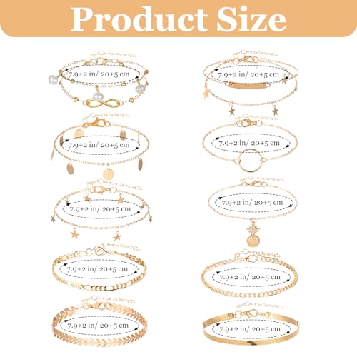 12pcs Gold/Silver Ankle Bracelets for Women Layered Waterproof 14k Cuban Link Chain Anklets Set Adjustable Dainty Summer Beach Gold Accessories Boho Bracelet Jewelry - style: 10PCS Style D