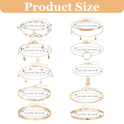 12pcs Gold/Silver Ankle Bracelets for Women Layered Waterproof 14k Cuban Link Chain Anklets Set Adjustable Dainty Summer Beach Gold Accessories Boho Bracelet Jewelry - style: 10PCS Style D