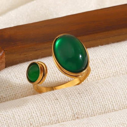 Dtja Double Green Stone Statement Ring for Women Gold Plated Adjustable Expandable Round Oval Birthstone Open Wrap Finger Rings Retro Birthday Anniversary Jewelry