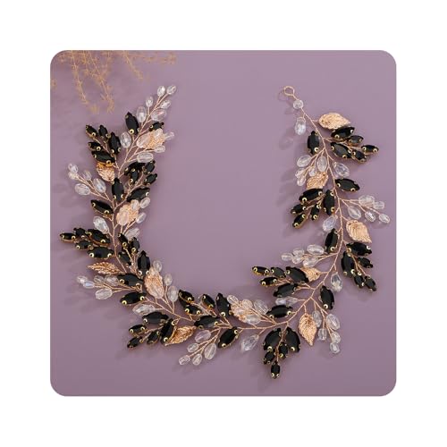 Kercisbeauty Gold Leaves Black Crystal Beads Headpiece for Women Wedding Bridal Hair Bands Boho Handmade Headband Prom (Gold) - color: Gold