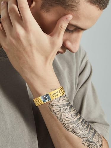 ChainsHouse Men Stainless Steel Bracelet Adjustable Custom ID Engraved Gift | Personalized Silver/Gold/Black for Birthday Father Husband Boyfriend with Gift Box Adjustable Tool 10mm/15mm/15.5mm 8.3"/8.7" - color: M.15mm width-Gold-Photo Custom