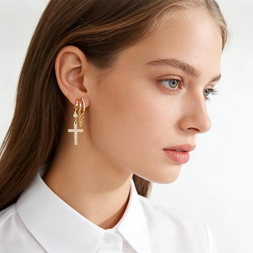 YOQUCOL Gold Plated Y2K Clip On Hoop Earrings for Women,Sweet Cool Edgy Trendy Layered Hoop with Tassel Chain Dangle, Non Pierced Jewelry Gifts - color: Cross