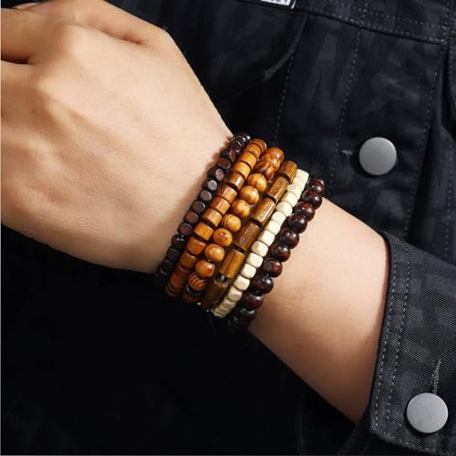 Mens Beaded Bracelets Tribal Wooden Elastic Adjustable Prayer Beads Wrap Cuff for Women - color: E: 6pcs
