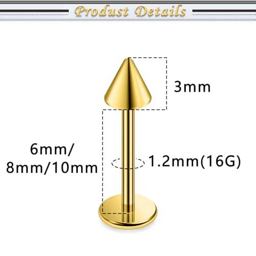 Internally Threaded Labret Studs 18G 16G 14G Surgical Steel Lip Piercing Jewelry with Claw Tool Monroe Snake Bite Jewelry Flat Back Barbell for Women Men Plus Piercing Ball Grabber Tool - color: goldtone, size: 16g,spike end