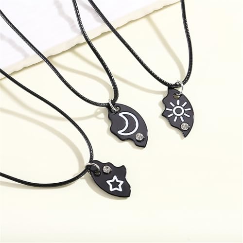 3pcs Friendship Moon Sun Star Puzzle Matching Necklace Set Gold Silver Plated Cute Crescent Round Circle Geometric Best Friend BFF Pendant Necklace for 3 Women Sisters Daughter Birthday Jewelry Gifts - color: Black