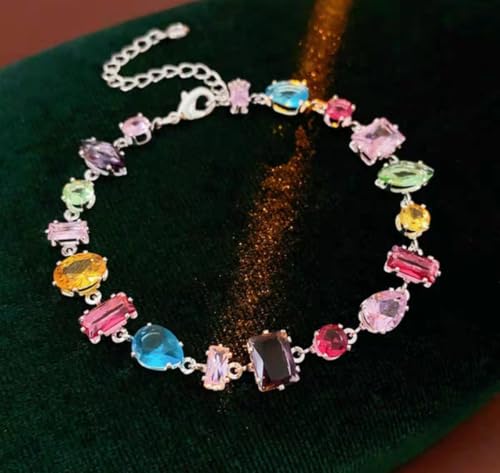 Silver Plated Rainbow Crystal Necklace, Sparkly Cubic Zirconia Rhinestone Multicolor Chain Choker Bracelet Earring Jewelry Set - style: Bracelet